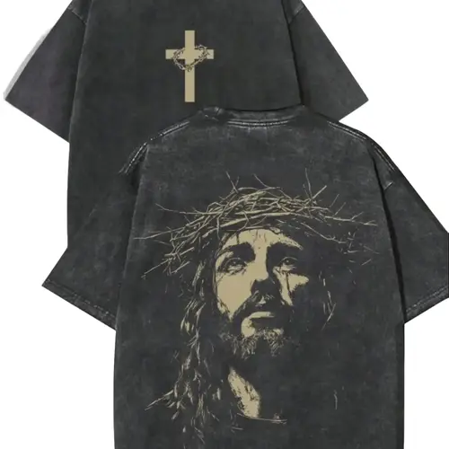 Retro Jesus Graphic T-Shirt for Men, Oversized Christian Streetwear in 260g Heavyweight Fluffy Cotton, Plus Size Aesthetic Fashion Gift,back to school,back to school shopping