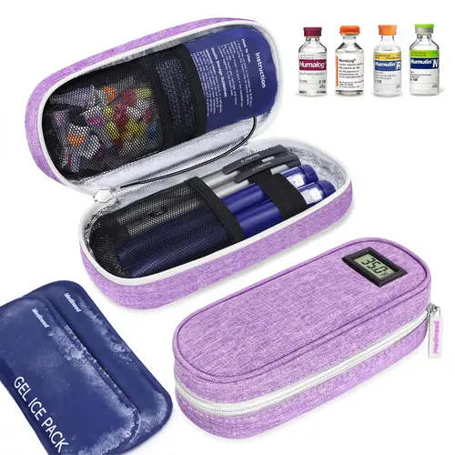 TSA Approved Insulin Cooler Travel Case with Temperature Display, Compact Zipper Accessory Pouch, 2×90g Ice Packs for Insulin Pens & Diabetic Medication, Travel Containers with Elastic Bands