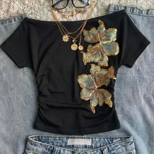 One Shoulder Plain Slim Fit Short Sleeve Crop Top, Eye-Catching Sequin Flower Decoration, Casual Fitted Streetwear Everyday Fashion Versatile Tee, Floral Aesthetic