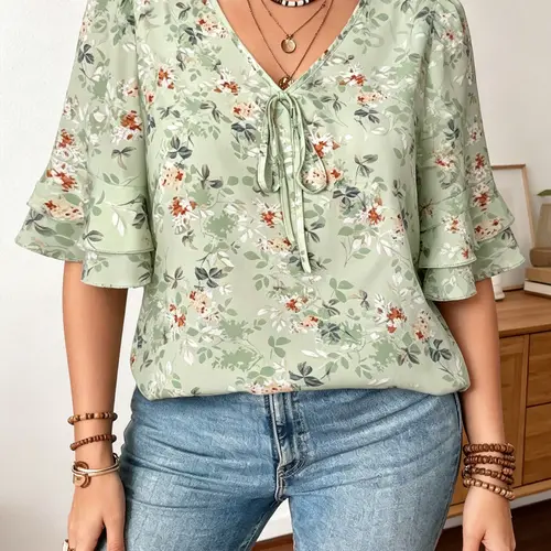 Women's Plus Size V-Neck Ruffled Tie Front Boho Bohemian Cottagecore Floral Shirt Blouse, Loose-Fit Elegant Feminine Top, Hidden Belly Concealment, Casual Office Wear, Curvy Women