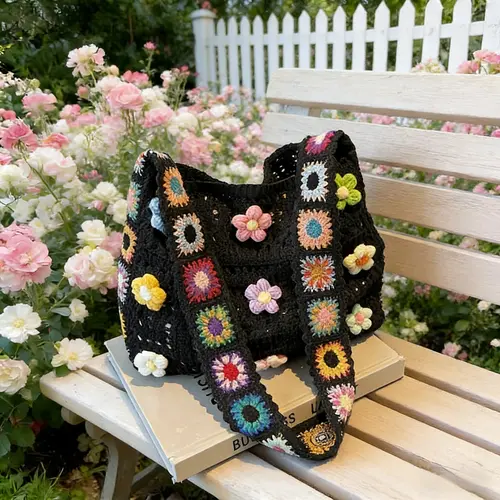 Women's Y2K Cottagecore Crochet Tote Bag, Handmade Wide Strap Hollow Out Knit Shoulder Bag, Floral Crochet Beach Bag
