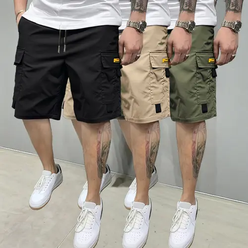 Men's 3-Piece Street Style Polyester Clothes Set - Beige Cargo Shorts with Multi-Pocket Design, Casual Fit Athletic Bottoms, for Daily & Casual Outdoor Wear, Men's Clothing