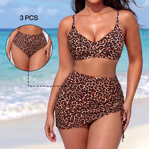 LILYLOVE Women's 3-Piece Elastane Tummy Control Bathing Suit, High-Waisted Set with Cross Ruched Top, Drawstring Skirt & Bikini Bottoms for Beach Trips