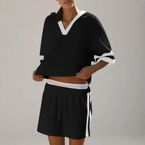 FISOEW Sports  2026 Summer Spring Two-piece Set Women's Sports Set,  V-Neck Half-Sleeve Hooded Sweatshirt Short skirt, Casual Summer Outfits Clothes Set for Ladies, Womenswear, Two Piece Set Women, Going Out 2 Piece Set, Casual Matching Set, Sporty Round