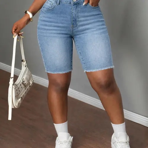 Summer High-Waisted Ripped Denim Shorts, Slim-Fitting Knee-Length Casual Wear, Button Fly Closure, Solid Pattern, Basic, Women's Fashion, Close Fitting Shorts