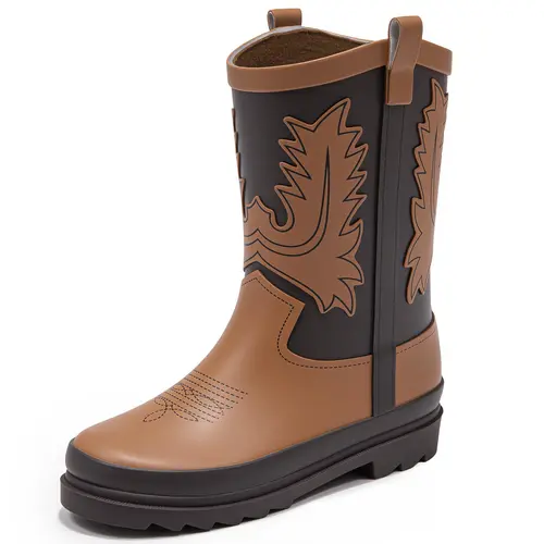 Cowboy Style Kids' Rubber Rain Boots - Mid-Calf, Non-Slip, Waterproof, Round Toe, Slip-On, Comfy Fit for Boys and Girls, Toddler to Big Kid, with Pull Tabs, All Seasons, for Mud Puddles, Farm Use