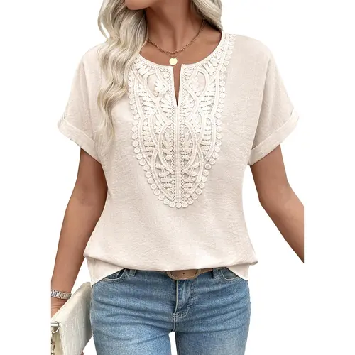 EVALESS Women's Trendy Linen Pattern Tops Summer Casual Boho V Neck Short Sleeve T Shirts Work Business Cute Loose Blouses 2026 Womenswear Outfits  Deals For You Days summer outfits,back to school,back to school shopping