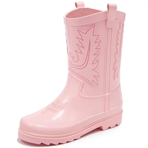Kids' Cowboy Style Round Toe Mid-Calf Rubber Rain Boots, Non-Slip Waterproof Easy-Clean Comfy Fit, Pull Tabs for Easy On/Off, All Seasons Boys and Girls Footwear (Toddler to Big Kid)