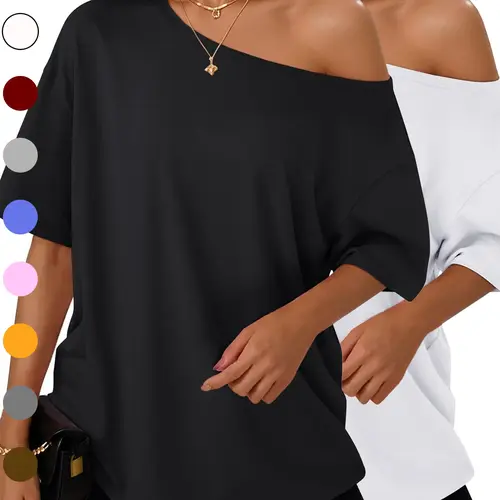 Women's Summer Shoulder-Exposed Sleepwear Set, Loose Fit Short Sleeve T-Shirt, Casual Home Wear, Outdoor Use, Loungewear, 1 Piece, Loose Lounge Clothes