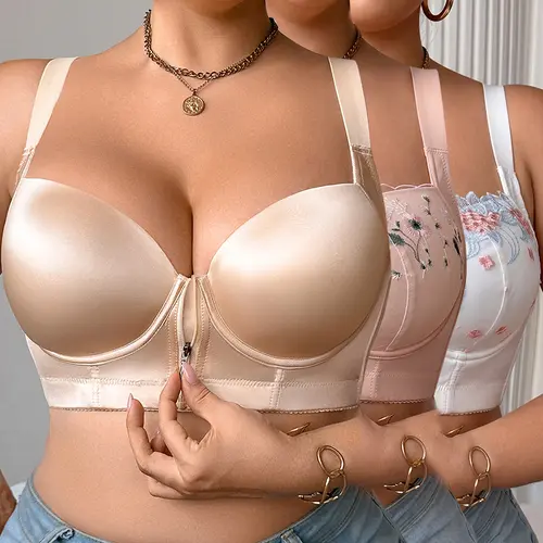 MImilemon Plus Size Satin Push Up Bra Front Zipper Smooth Comfort Lingerie Everydaywear Elegant Bras