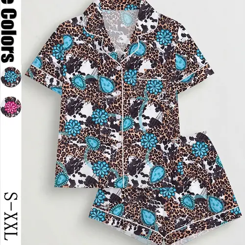 Women's Leopard Print Pajama Set, Pajamas Sleepwear, Short Sleeve Button Front Top & Elastic Shorts, Casual Fitted Sleepwear Loungewear, Ladies Loungewear, Loungewear Pjs, All Seasons Comfort