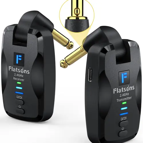 Flatsons-FW2D 2.4 GHz Wireless Guitar System with Exclusive Mute Plug, Rechargeable USB-C Transmitter Receiver (10H Working Time, Batteries, Instant Response) for Acoustic Guitar, Acoustic Bass, Live Performances, All 6.35mm Jack Electronic Instruments