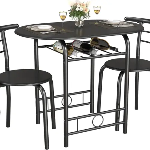 【Father's Day Gift】3-Piece Wooden Round Table & Chair Set, Space Saving Kitchen Breakfast Nook Wood Grain Tabletop with Metal Frame and Built-in Wine Rack for Kitchen, Dining Room (Black),dorm essentials,home decor