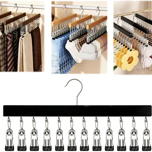 Upgraded Legging Hanger for Closet Organizer with 12 Clips, Wooden Jeans & Yoga Pants Hanger, Space Saving Non-Slip Organizer, Clothes Hanger with Clips for Bra, Belt, Sock, Hat Hanging Organization 1/2Pcs,dorm essentials,home decor