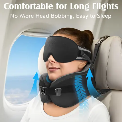 YFONG Travel Neck Cushion - 3D Sculpted Memory Foam Supportive Pillow with Contoured Shape, 360° Bobbing Stop, Neck Pain Relief, Adjustable Strap, Drawstrap, Posture Fix, 3D Mask Pressure Relief, Bobbingfree Sleep Eye Mask (Black)