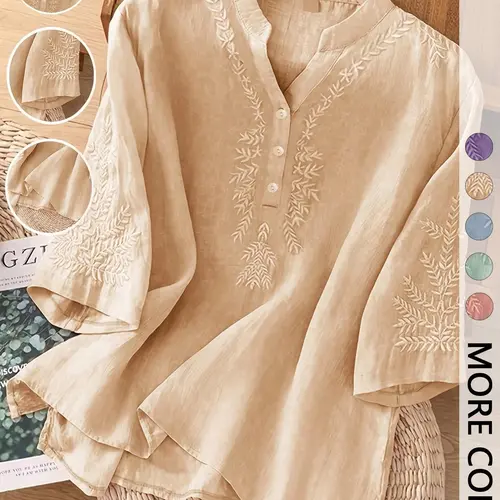Women's Plain Embroidered Casual Loose V-Neck Button Blouse Shirts, Stylish Artistic Aesthetic Design Top, Comfortable and Versatile Wear