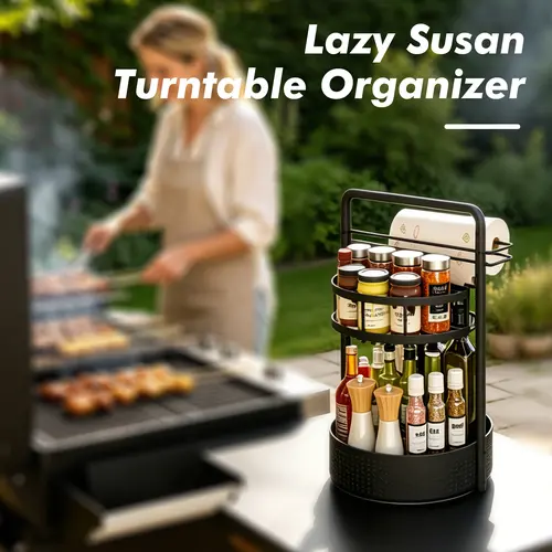 San Dream 2-Layer Lazy Susan Turntable Storage Organizer - Rust-Proof Metal 360° Rotating Rack with Adjustable Height Tray, 2.7 Inches Guardrail, Cylindrical Display Riser for Kitchen Countertop Room