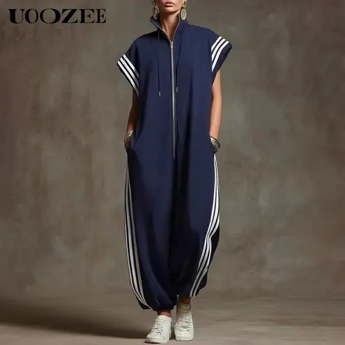 UOOZEE Women's Plus Size Sporty Sleeveless Athletic Jumpsuits for Women, Chunky Side Stripe Soft Polyester Overalls with Drawstring, Elastic Waist, Zipper Collar, Pockets for Streetwear & Loungewear, Fabric, Loose