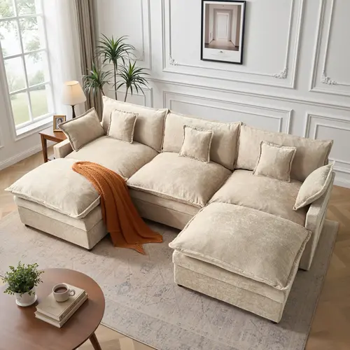 【2/3 Packages Shipping】Ovios 143" U-Shaped Modular Sectional Sofa with 2 Ottomans, Comfy Chenille Cloud Couch, Deep Seat Sofa Bed with 5 Pillows for Living Room, Bedroom & Apartment