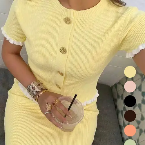 Women's summer casual elegant short-sleeved ruffled round-neck knitted two-piece Bodycon Elegant Aesthetic Set, suitable for daily life and festivals Fitted Womenswear Clothes