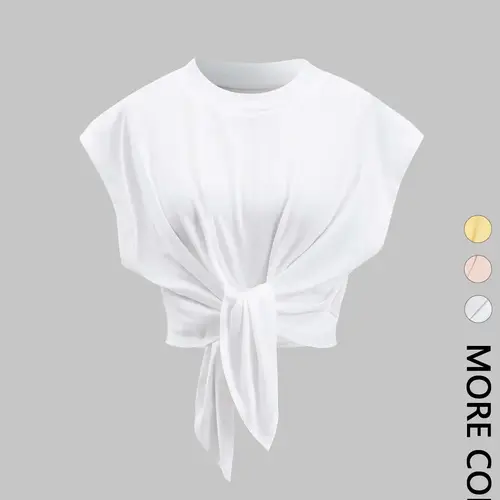Women's Comfortable Stylish Solid Color Front Tie Batwing Sleeve T-Shirt, Casual Minimalist Basic Summer Everyday Top, Casual Chic Top