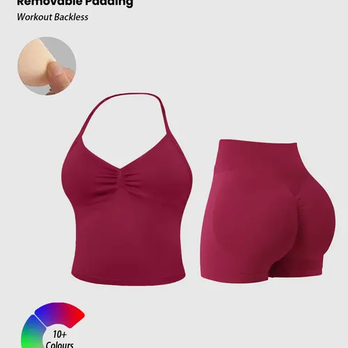 Women's Sporty Two-Piece Set, Activewear Fitness, Fitted Activewear, Halter Sports Bra Top and Butt-Lifting Shorts with Removable Pads, Comfortable Workout Wear