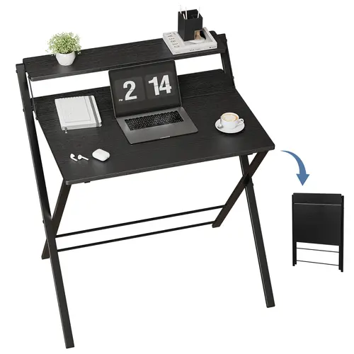 Sweetcrispy Minimalist Modern Foldable Functional Desk - No Assembly Needed, 2-Tier Compact Laptop Desk with Shelf, Slim 1.5in Folds Away, Single User Residential Use, Minimalist Look Suits Modern Decor, Space-Saving Office Furniture for Home Apartment