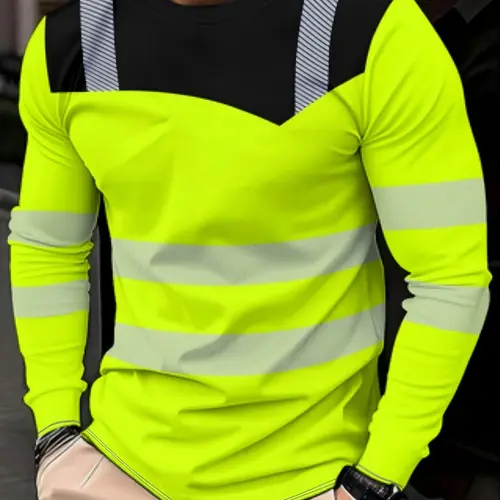 Men's Sports Long Sleeve T-Shirt, High Performance Athletic Activewear, Fluorescent Color-Block Quick-Dry Top, Fitness Sport Top, Fashion Fitted Short Length, Spring & Fall Wear, Sports Tops