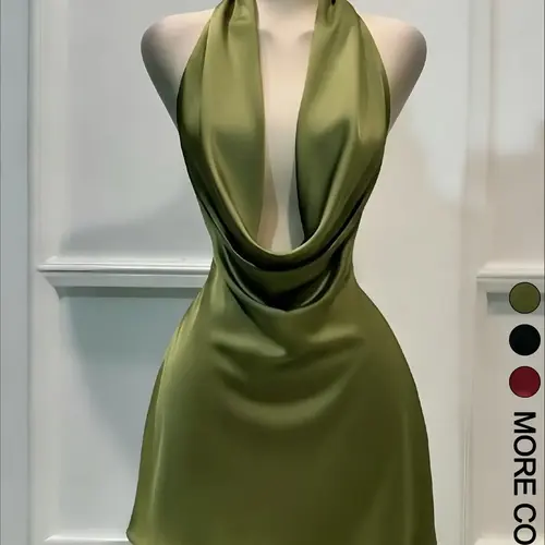 Women's One Piece Halter Mini Evening Dress Cowl Neck Design, Tie Back Closure, Open Back Cut, A‑Line Skirt