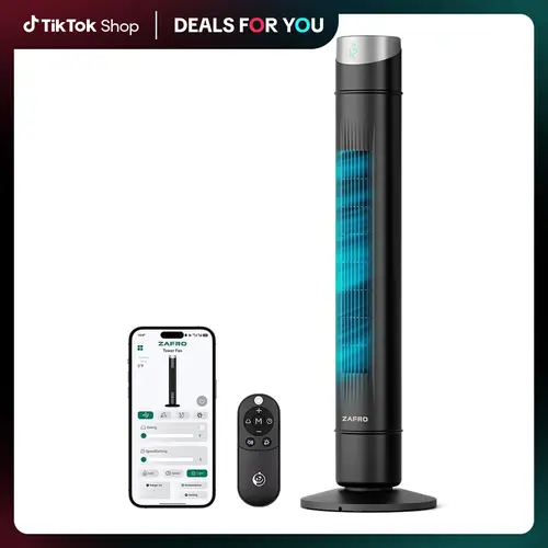 ZAFRO 36/42 Inch AC-Powered Floor-Mounted Tower Fan for Bedroom, App Control, 28ft/s Powerful Airflow, 4 Modes, 12 Speeds, 120° Oscillation, 22dB Ultra Quiet, Detachable for Easy Cleaning, Hands-Free Multi-Speed Fans, Hands-Free Tower Fans