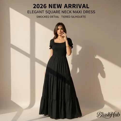 2026 New Arrival Women’s Elegant Solid Color Square Neck Shirred Splice Long Dress, Versatile Commute Wear