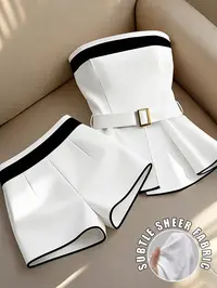 Colorblock Binding Waist Crop Top and Shorts Set, Sheer Fashionable-Fit for All Seasons, Perfect for Office, Dates, Parties, Travel