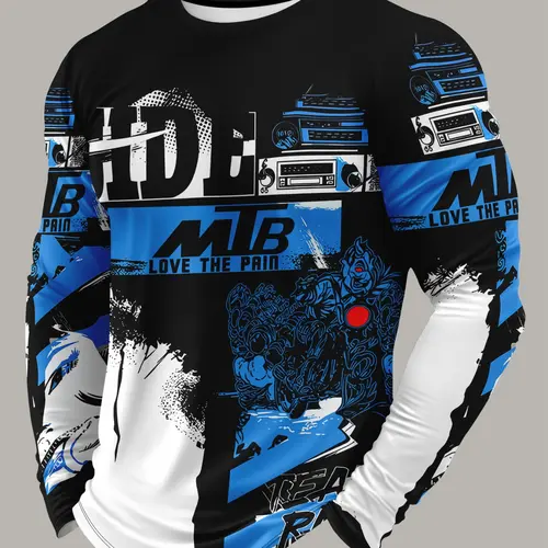 Men's MTB Mountain Bike Riding Shirt, Quick-Dry Breathable Long Sleeve T-Shirt, Trendy Motorcycle Style Print Outdoor Sports Top, Spring & Fall, Cycling Shirt, Outdoor Tops