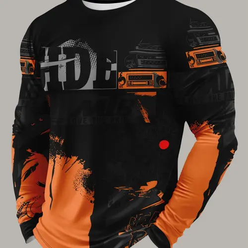 Men's MTB Mountain Bike Riding Shirt, Quick-Dry Breathable Long Sleeve T-Shirt, Trendy Motorcycle Style Graffiti Print Sports Top, Breathable Athletic Top, Premium Outdoor Apparel, Sport Outdoor Clothes, Outdoor Tops, Sports Clothing