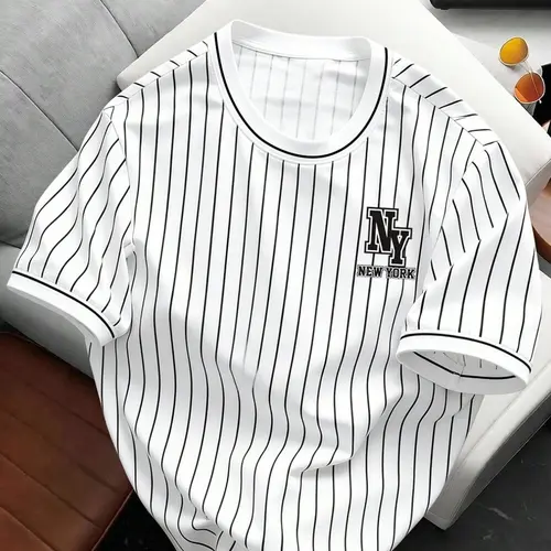 Men's Casual Round-Neck Striped Print Short-Sleeve T-Shirt, Comfortable Daily Top for Casual and Sports Wear