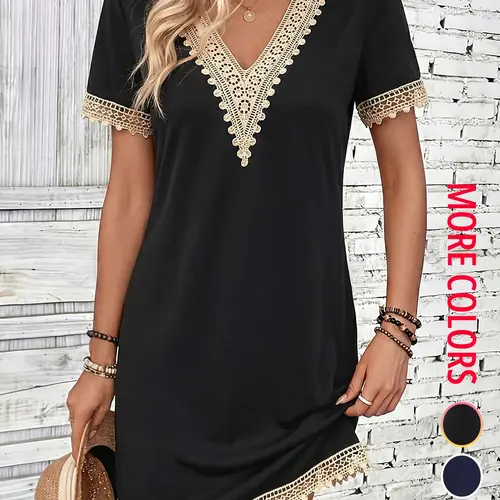 【Back to School Outfits】Women's Boho Style Lace Trim V Neck Dress, Perfect for Beach Vacations, Daily Dates, Casual Gatherings, Summer Fashion