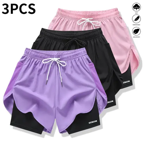 Women’s casual athletic shorts, 3-pack (recommended to size up), faux two-piece design, solid color, built-in lining, elastic drawstring waist, suitable for outdoor workouts, running, sports, and everyday wear; women’s shorts.