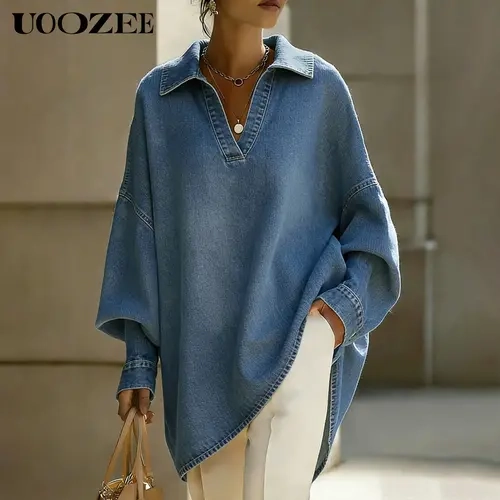 UOOZEE Women's 2026 Autumn/Winter Soft Thick Oversized Collared Cotton Shirt - Baggy Long Sleeve V-Neck High-Low Hem Minimalist Washed Denim Tunic, Essential Everyday Vintage Fit Curvy Plus Size Layering Top for Office (Pairs with Tank Tops, Leggings)