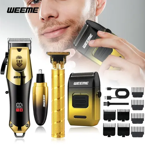 Weeme 4pcs Gradient Gold Men's Multi-Function Grooming Set, Electric Hair Clipper, Razor, Nose Trimmer, Waterproof, Portable, Hair Trimmer Kit