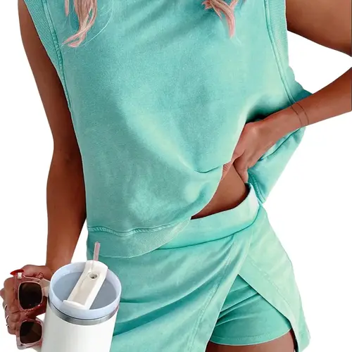 PHEFEE Women's 2-Piece Oversized Outfits - Summer Sleeveless Muscle Tank Top & Asymmetrical Wrap Skirt Set, Vintage Washed Casual Loungewear for Beach, Golf, Streetwear