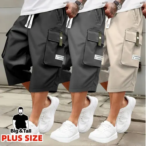 Men'S Plus Size Summer Lightweight Cargo Pants - Casual Cargo Style with Drawstring Waist, Large Pockets & Letter Patch, Solid Color Regular Fit for Casual Attire & Outdoor Activities, PLUS SIZE,father'sdaygifts