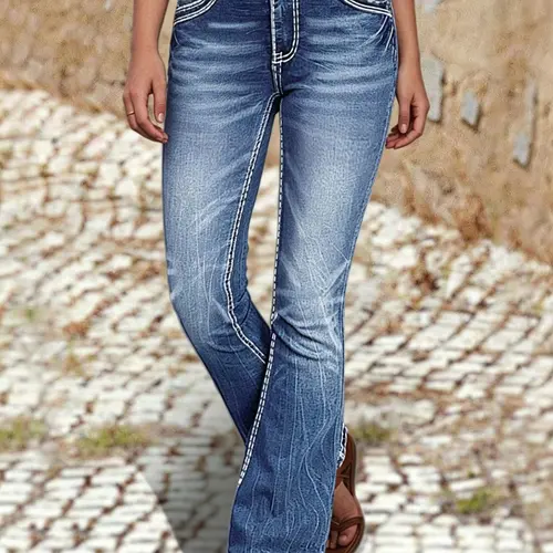 Plus Size Womenswear with Dual Button Design at Natural Waist, Fashionable Fitted Micro Flare Leg Pants Flared Leg Jeans with Pockets, All Seasons Wear