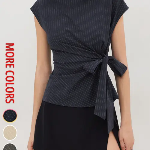 【Back to School Outfits】Women's French Classic Striped Tie Waist Sleeveless Top, Side Bow Tie Waist Slimming, Elegant One-Shoulder Neckline, Office, Business, Casual, Chic Elegant Basic