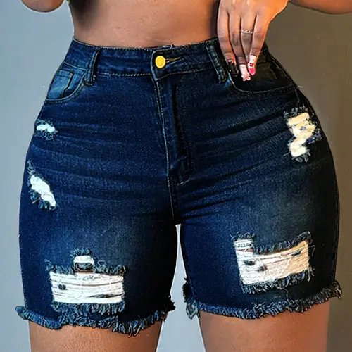 Simple Basic Women's Solid Color Ripped Pocket Frayed Edge Plus Size Fit Denim Shorts Womenswear, Casual Fashionable Style Summer Bottoms, Comfortable Daily Wear, Casual Fitted Shorts