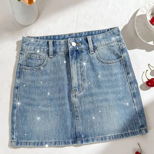 Women's Elastic Denim Skirt with Rhinestones, Button, Casual A-Line Short Skirt, Breathable Fabric, Perfect for Daily Wear and Parties, Womenswear