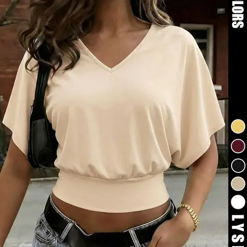Women's Casual Minimalist Basic Fashion Sporty Plain V-Neck Loose Fit Waist Cinched Short Sleeve Top, Casual Everyday Tee, Comfortable and Stylish Summer Wear, Womenswear