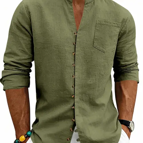 Men's All-Season Solid Color Linen Blend Fabric Stand Collar Shirt, Roll-Up Long Sleeve Casual Button-Down Top with Chest Pocket for Beach, Vacation & Daily Wear, Multi-Color Options, Menswear
