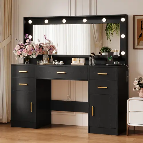 TOKSOM White Makeup Vanity Desk (No Stool) - Lighted Mirror Indoor Furniture with 10 LED Bulbs, 3 Lighting Modes, Adjustable Brightness, 5 Drawers, 2 Door Cabinets, Color-Adjustable Backlight