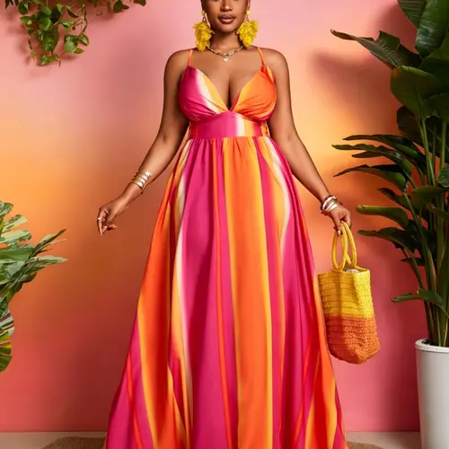 Women's Plus Size Gradient Striped Lightweight Maxi Dress, Sleeveless Deep V-Neck Empire Waist, Casual Tropical Vacation Dress, Summer Beach