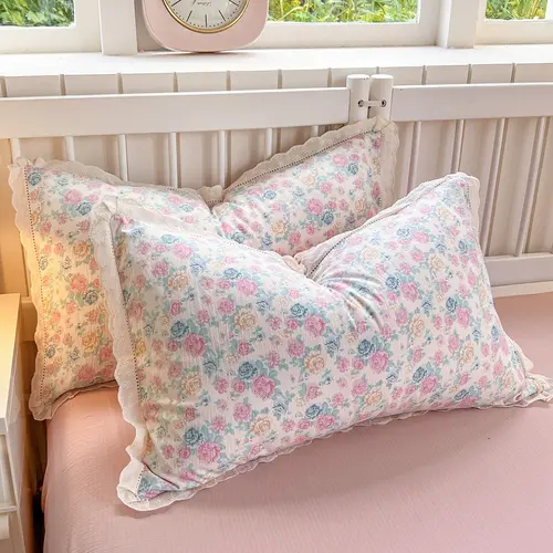 Crinkled Gauze Printed Pillowcases | Skin-Friendly & Breathable, Hollow Lace Design, Aesthetic Bedding for Bedroom Vibe, Standard Size✨, Soft Comfy Bedding, Hotel Style Bedding, Bed Linens, Polyester Bedding